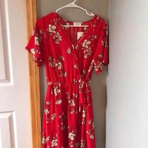 Hot red floral wrap around dress with tie